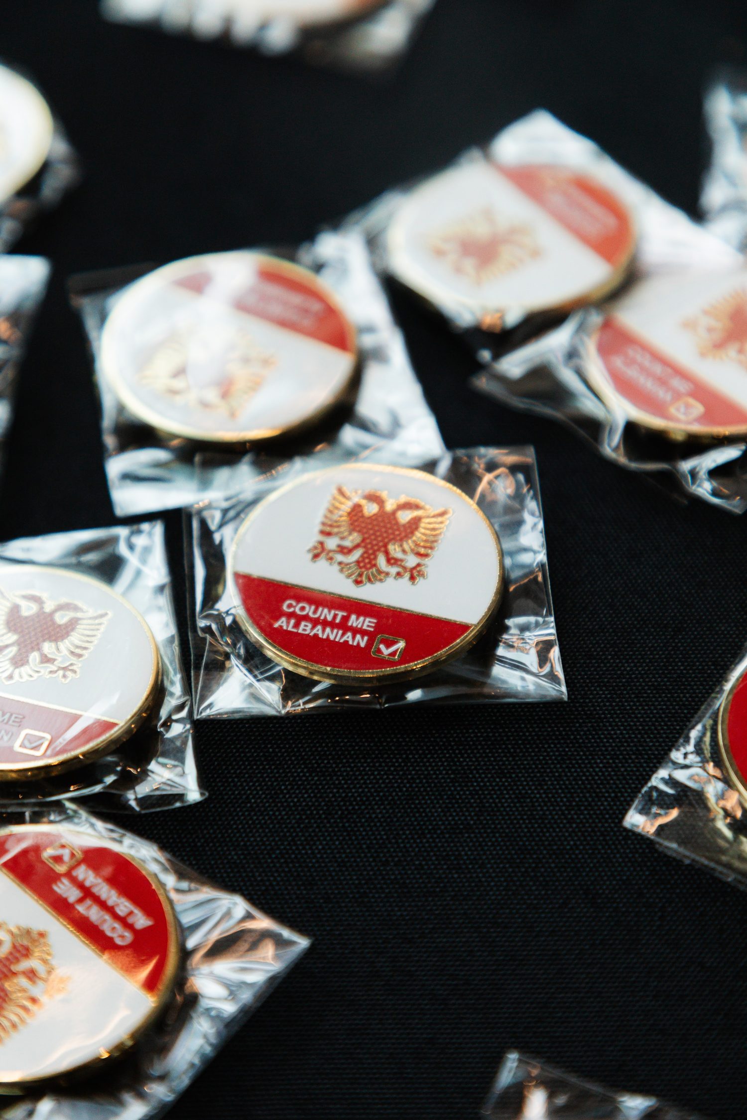 Count Me Albanian enamel pins laid out on the registration table.