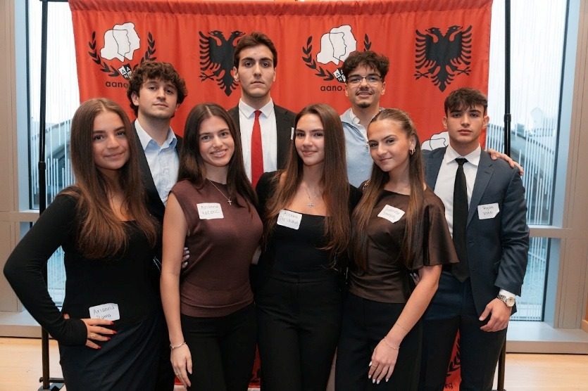 Students from several college Albanian clubs posing together at the Summit.