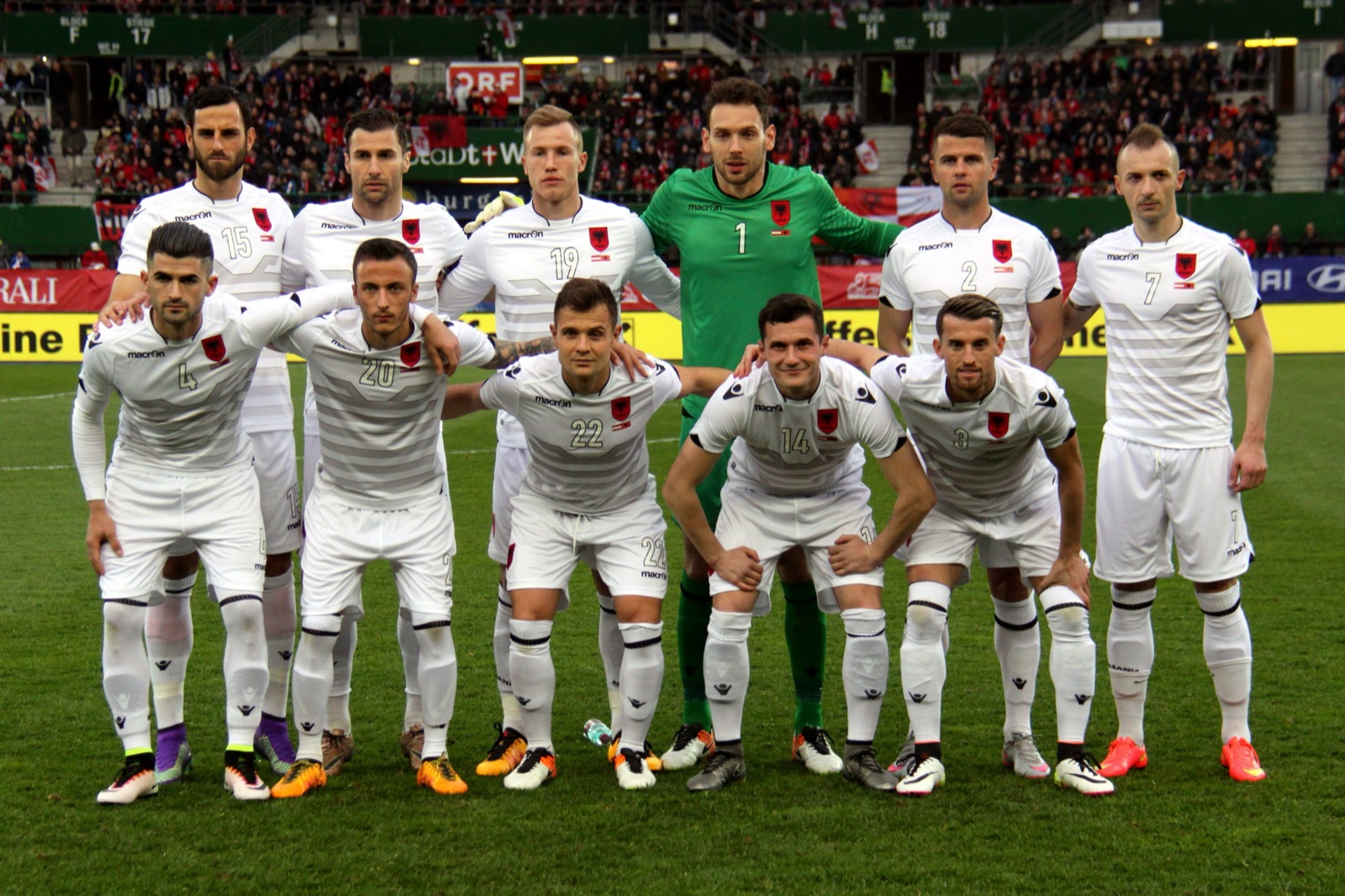 The Albania squad in their visitors' kit ahead of an away qualifier, March 2016.