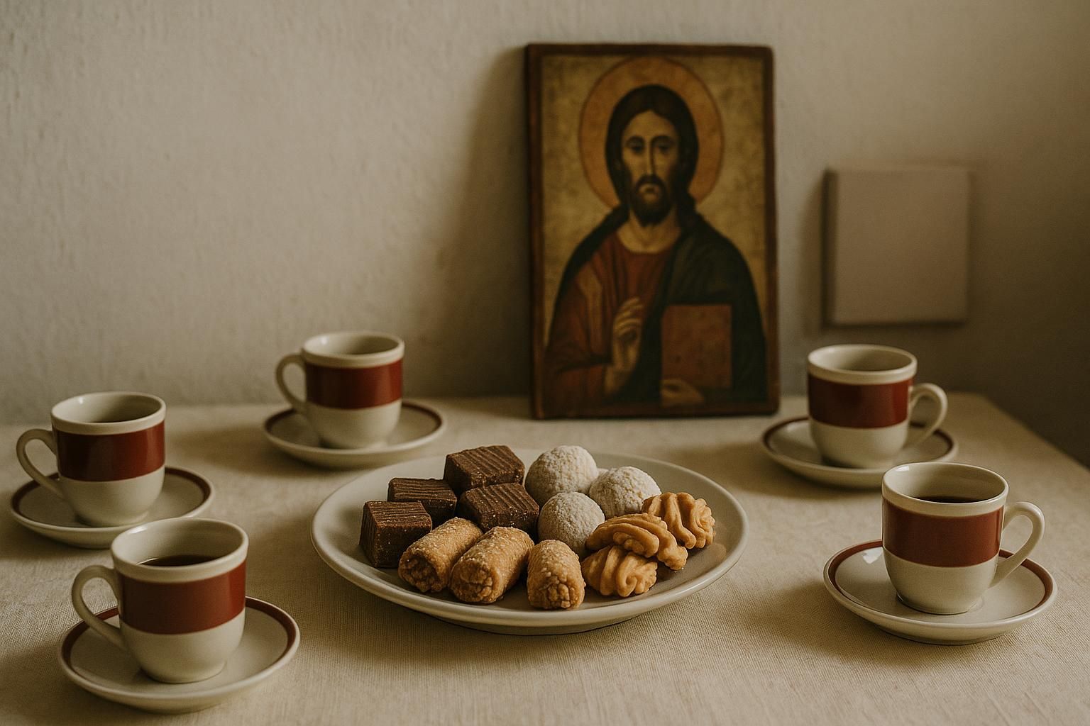 A simple home table set for guests — small coffee cups, a plate of sweets, and a saint's icon propped against the wall behind it.