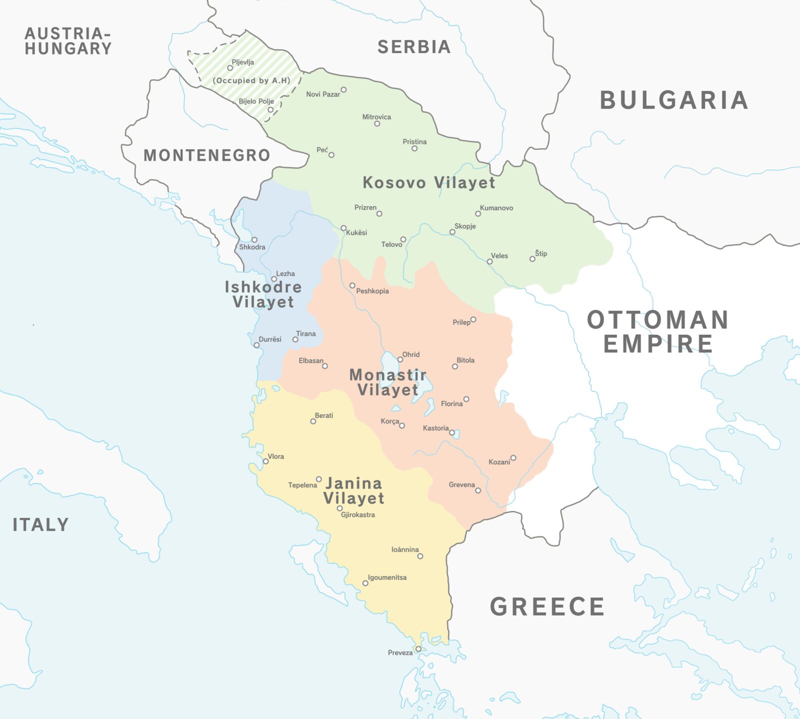 Hartë e katër vilajeteve osmane — Kosovës, Shkodrës, Manastirit, dhe Janinës — që Lidhja e Prizrenit pretendonte si territor të banuar nga shqiptarë në 1878.