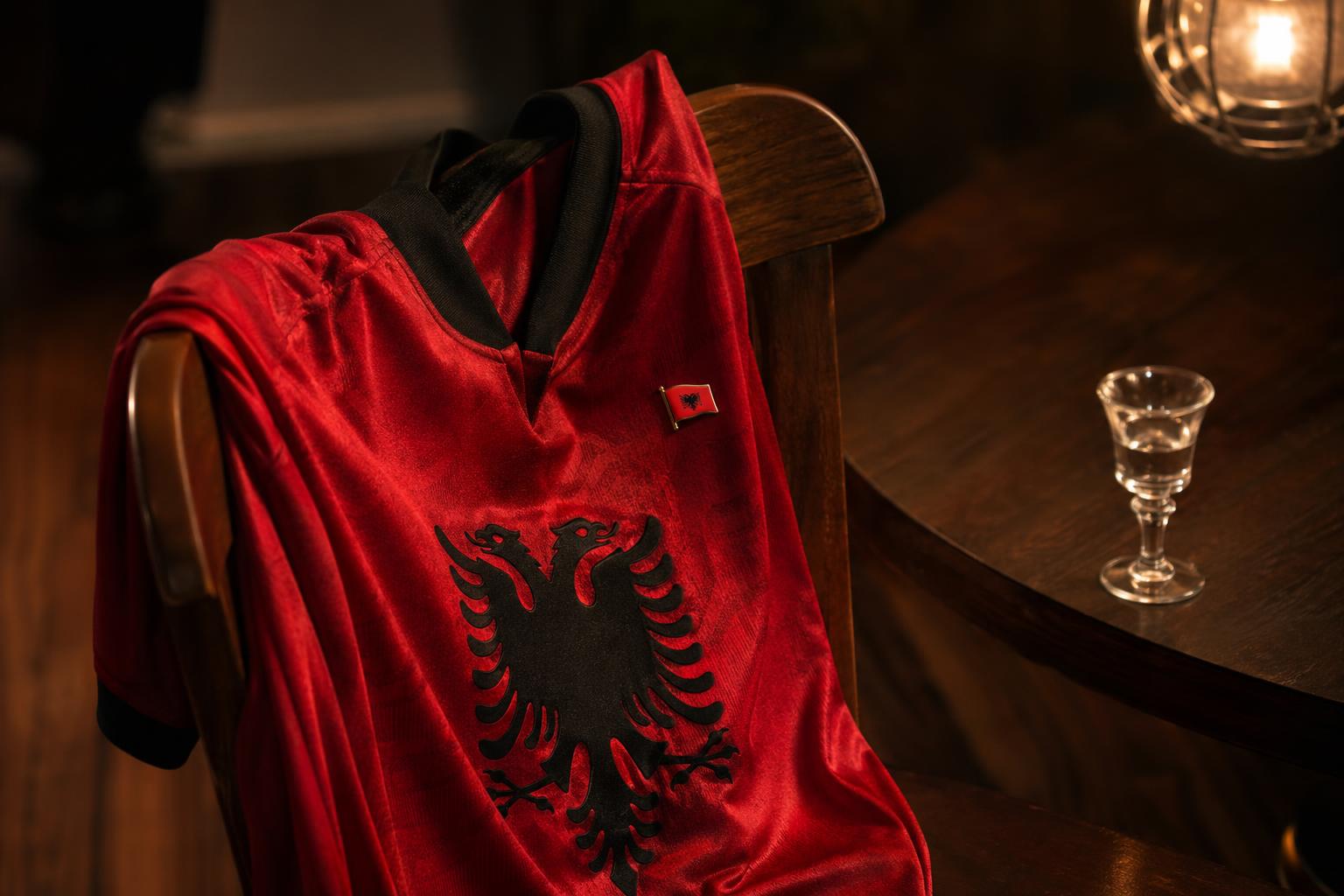 Fanellë e kuqe-e zezë e Kombëtares e mbështjellë mbi një karrige me një karficë të vogël të flamurit shqiptar