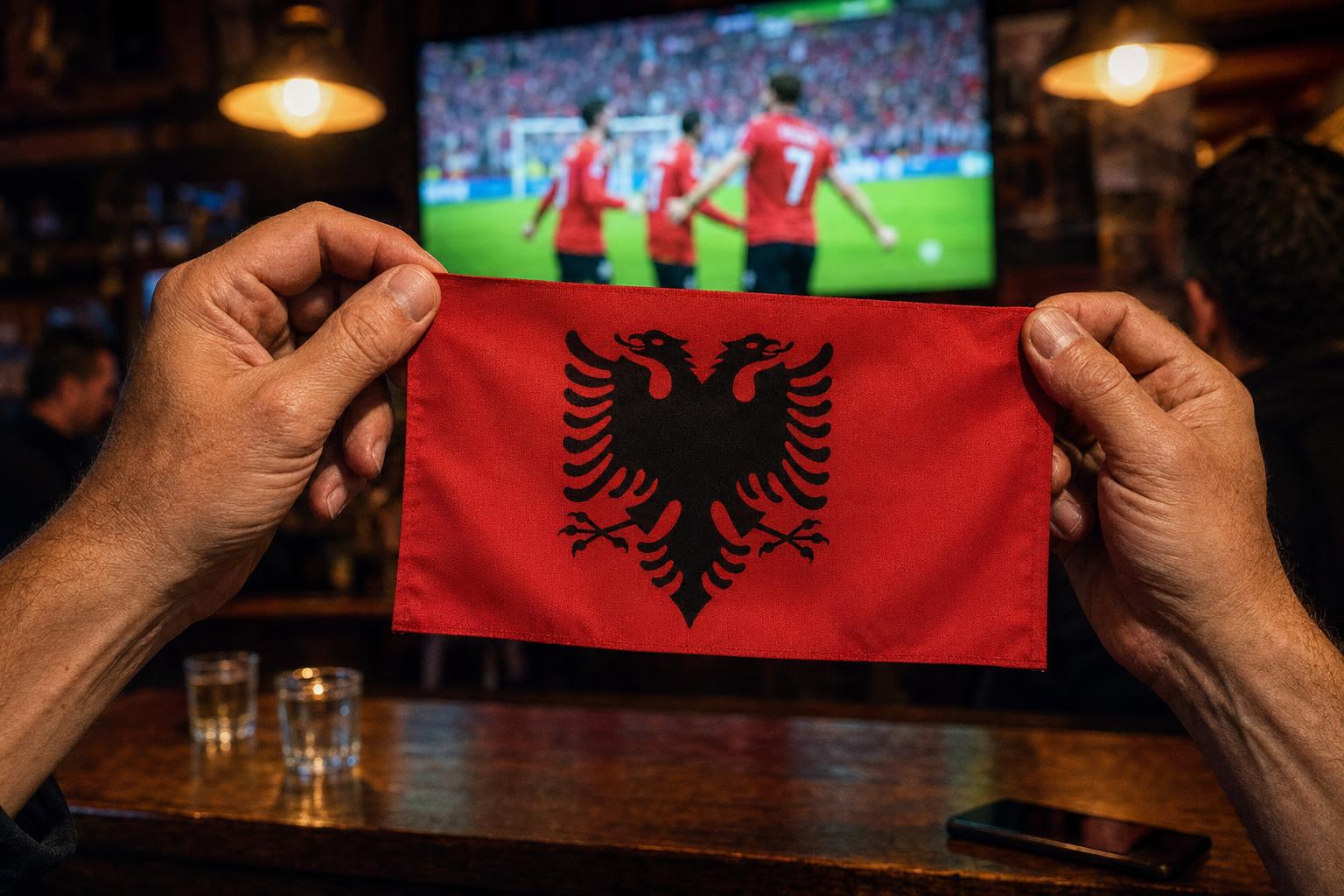 Duar që mbajnë një flamur shqiptar në një bar sportiv me një ndeshje në TV