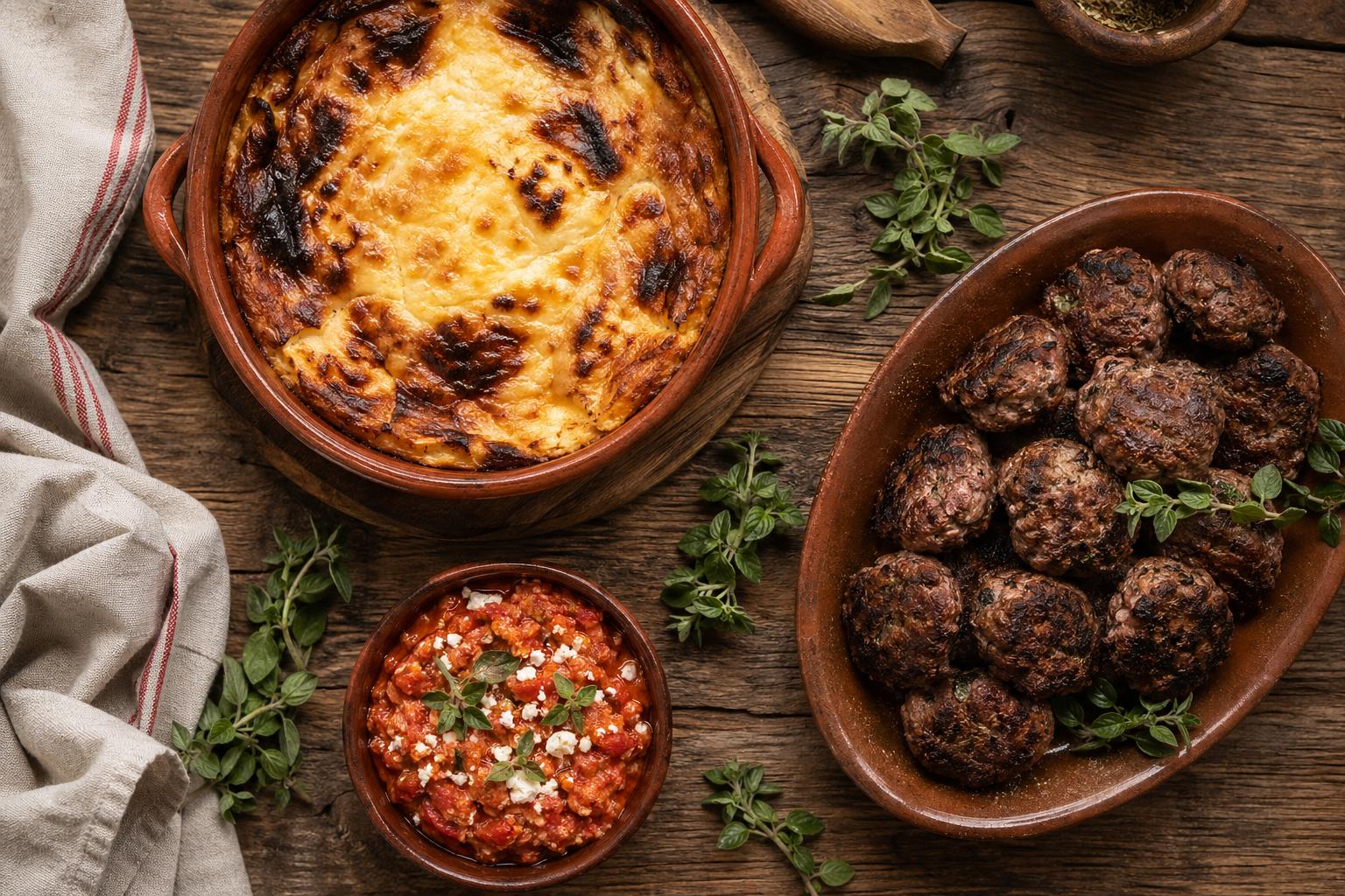 Pjata kryesore shqiptare: tavë kosi, qofte, dhe fërgesë në enë balte