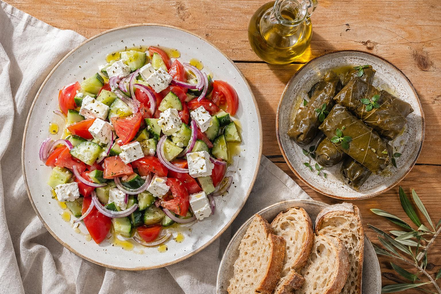 Sallatat dhe dolma shqiptare me feta, kastravec, domate, dhe vaj ulliri