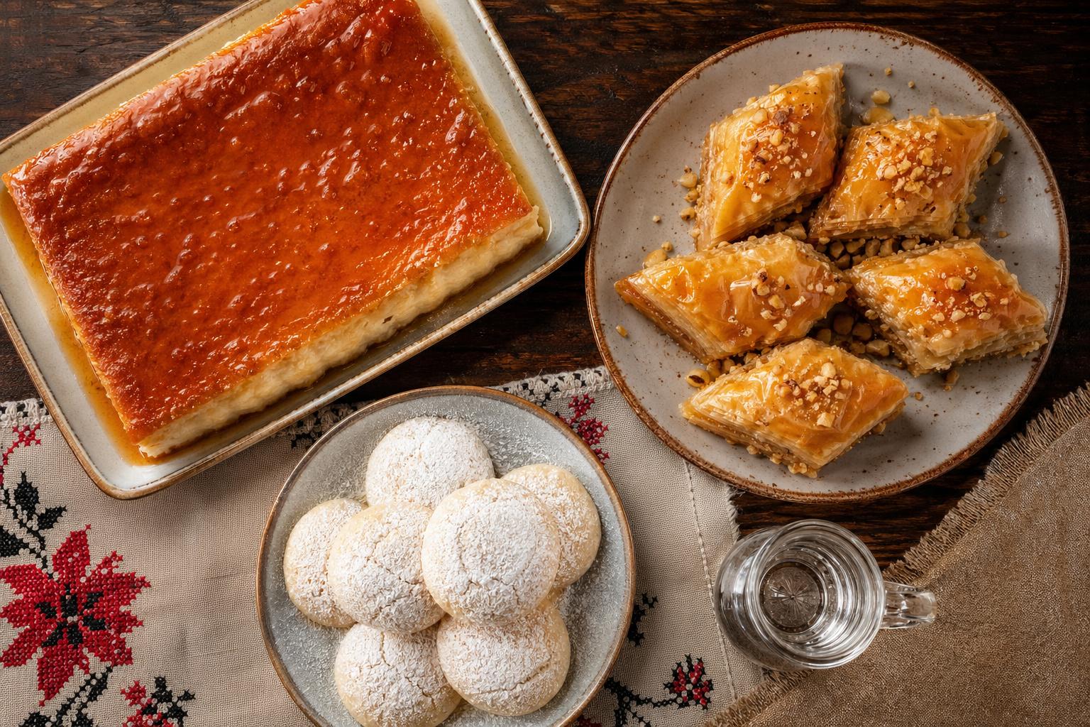 Ëmbëlsirat shqiptare: trileçe, bakllava, dhe kurabie me raki