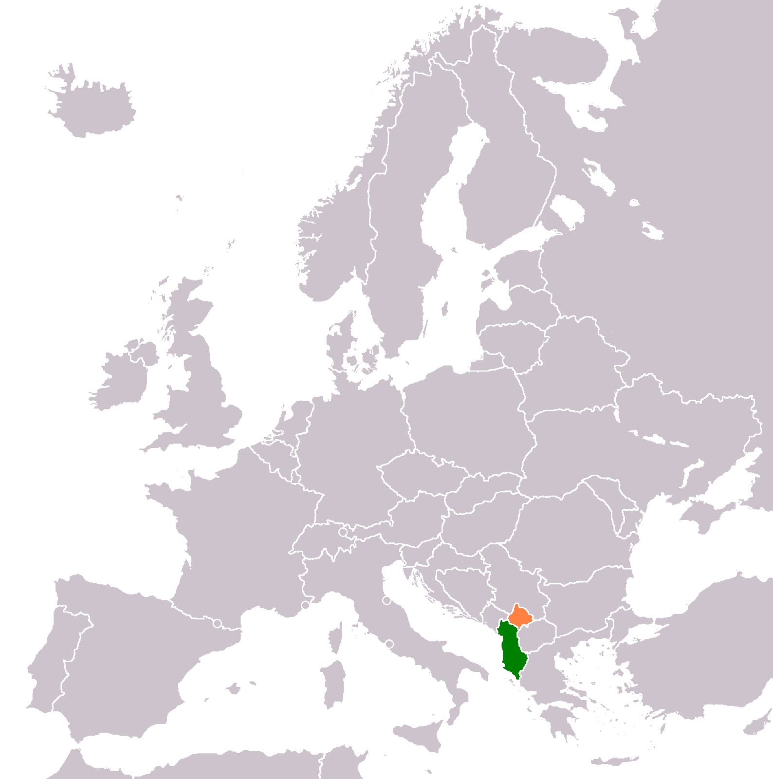 Locator map: Albania (green) and Kosovo (orange) in southeastern Europe — two separate states sharing a 111-kilometer border.