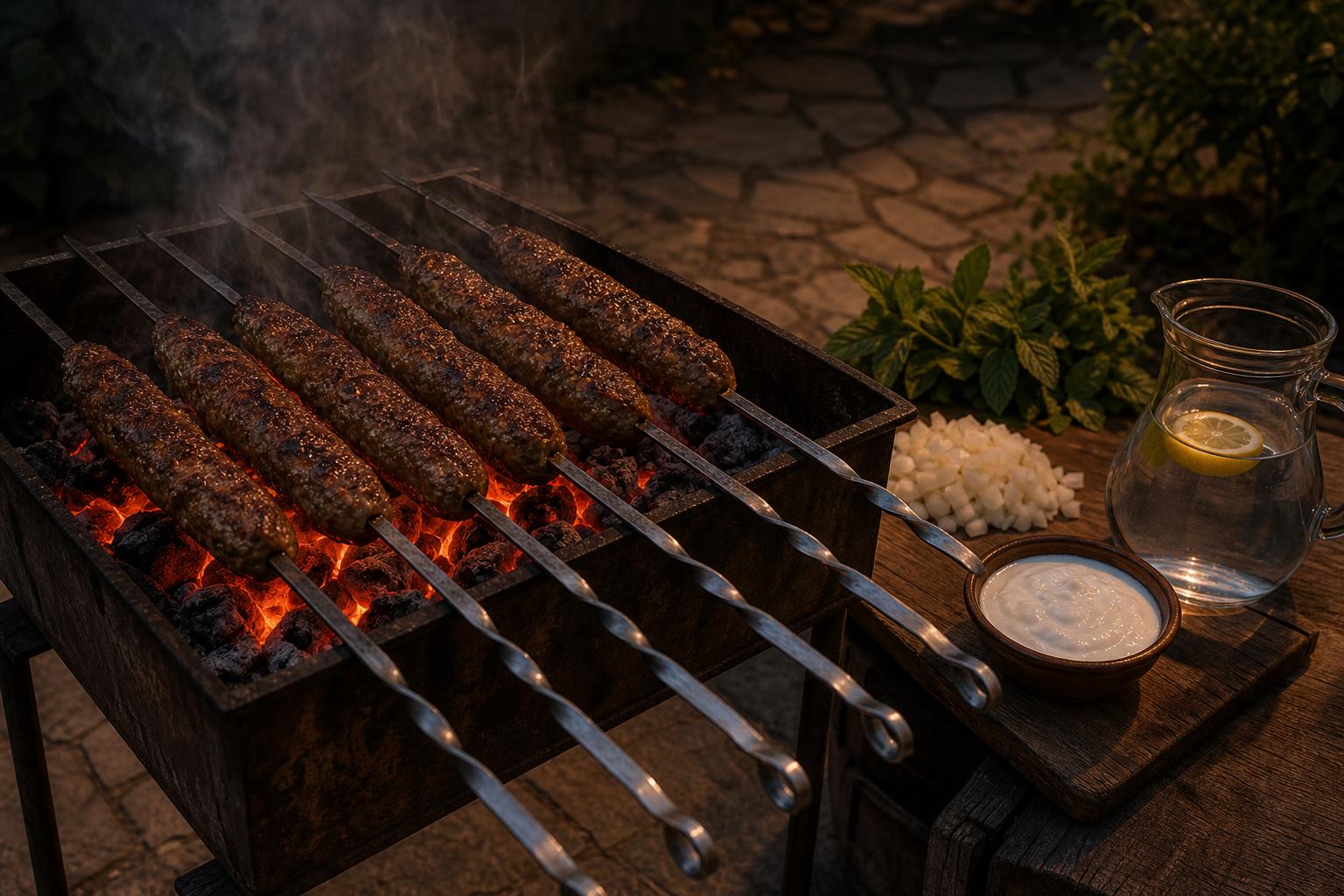 Skara tradicionale me qymyr në muzg me hellë me qofte në stil Tirana të skuqur mbi prush të ndezur kuq-portokalli, tym i lehtë që ngrihet në ajrin e freskët të mbrëmjes.