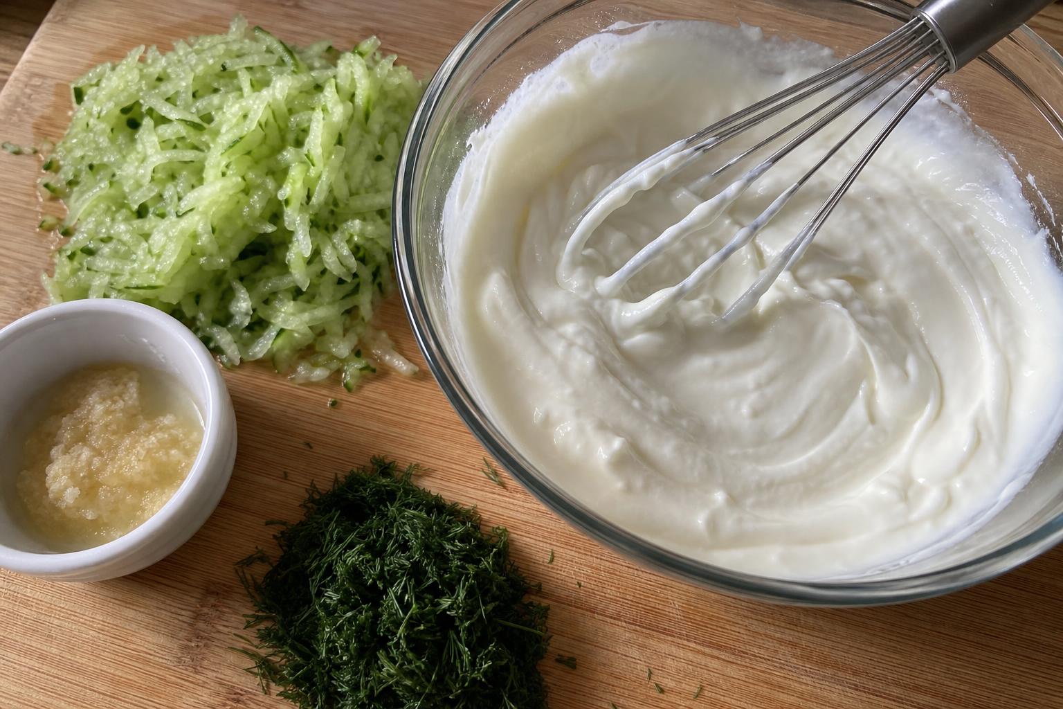 Kos grek që rrihet i lëmuar në një tas qelqi, me një grumbull kastraveci sapo të grirë, një enë të vogël me pastë hudhre-kripë, dhe kopër të freskët të grirë në dërrasën e prerjes pranë.
