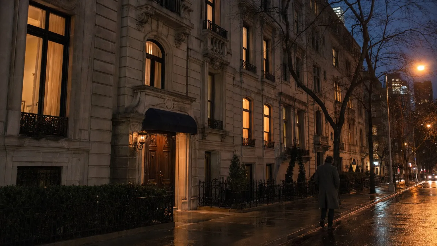 A quiet Manhattan side street at twilight — a single anonymous limestone townhouse, the kind that has housed an institution for a hundred years.