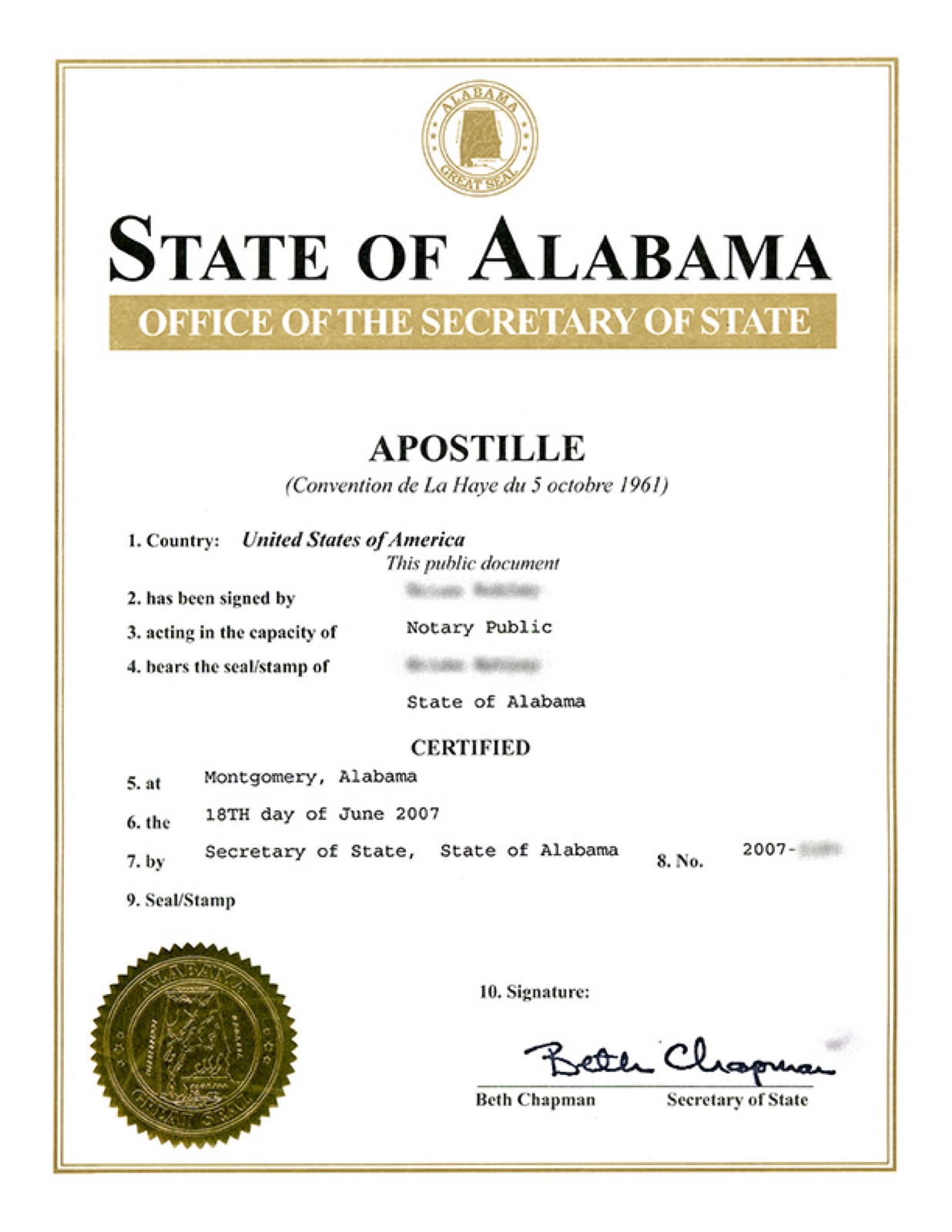 Example apostille certificate issued by the US state of Alabama — the standard format that authenticates a public document for use in another Hague Convention country.