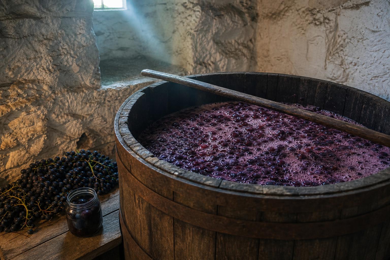 Fuçi druri e hapur me brumë rrushi që fermentohet në një bodrum me mure guri — masë e errët violetë-e kuqe me lëkura që pluskojnë dhe shkumë e butë në sipërfaqe, një shkop i gjatë druri për përzierje që pushon në buzë.