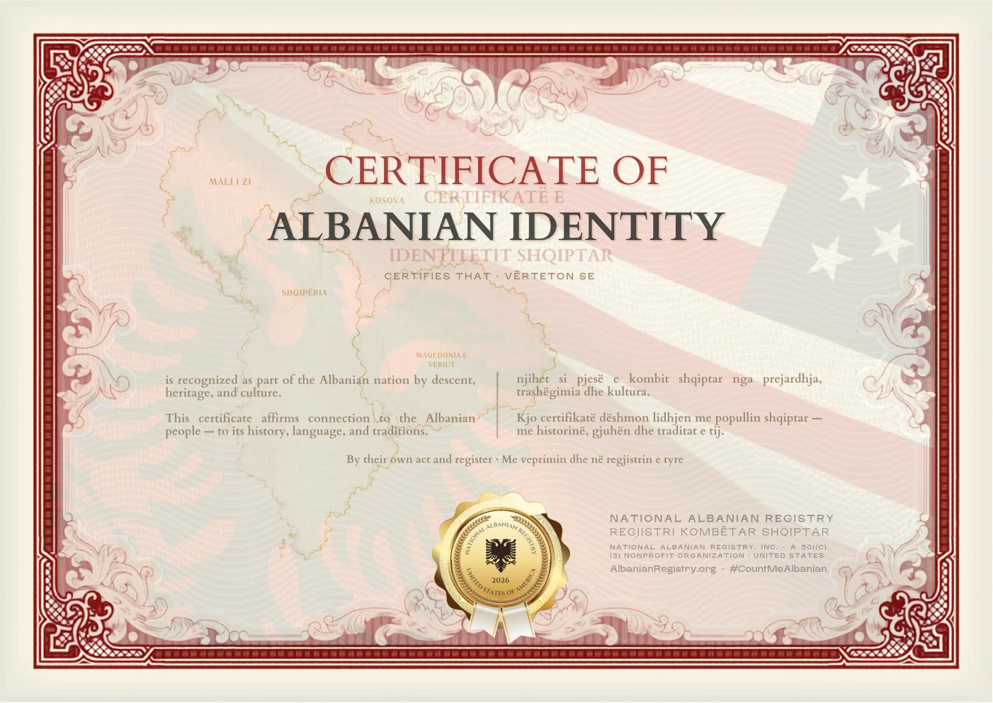 Sample Certificate of Albanian Identity — preview, not a real issuance